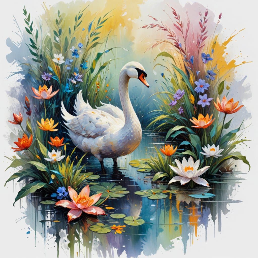 Tranquil Marsh Scene with Elegant Swan and Lilies