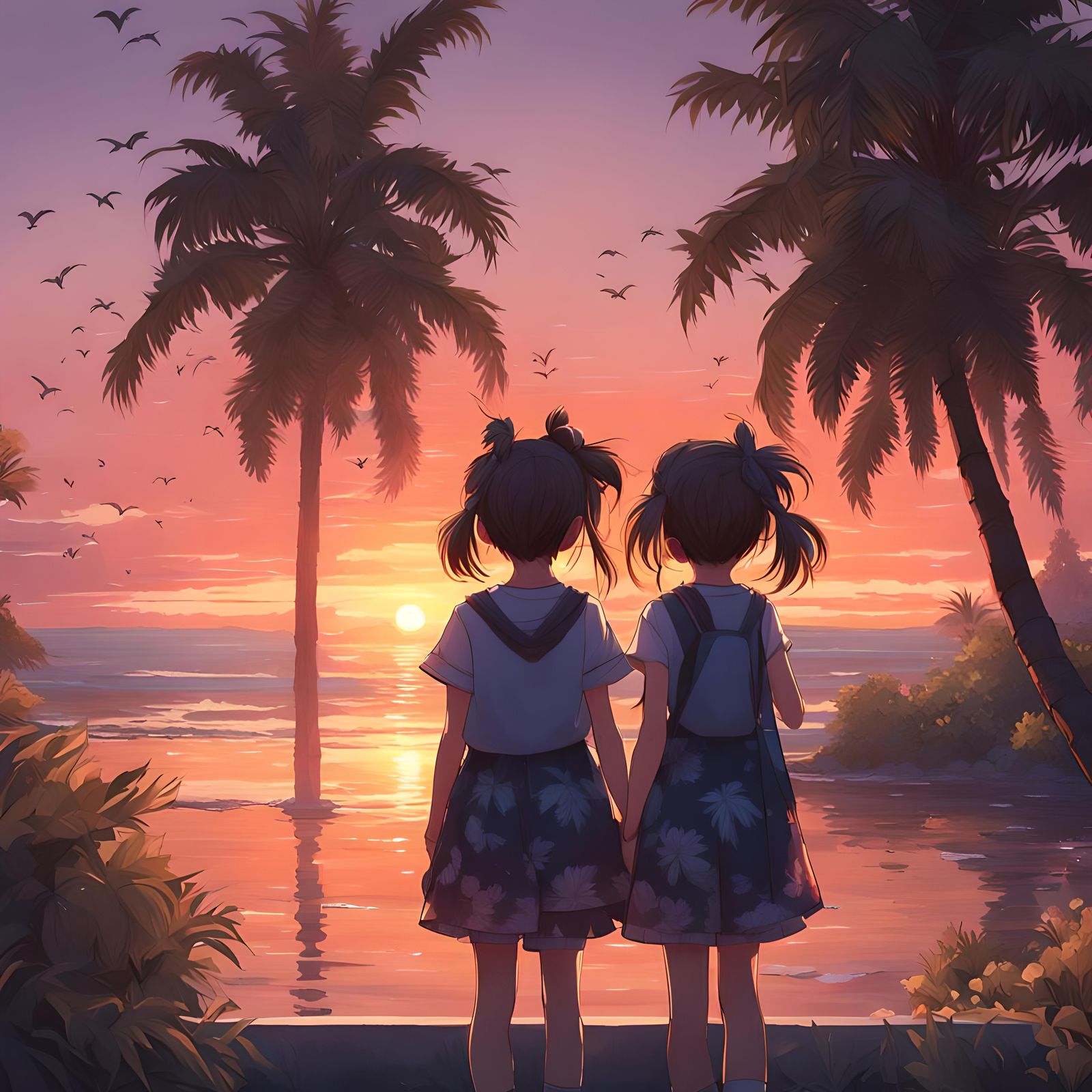 Seaside sunset, palm trees, twin girls watching sunset