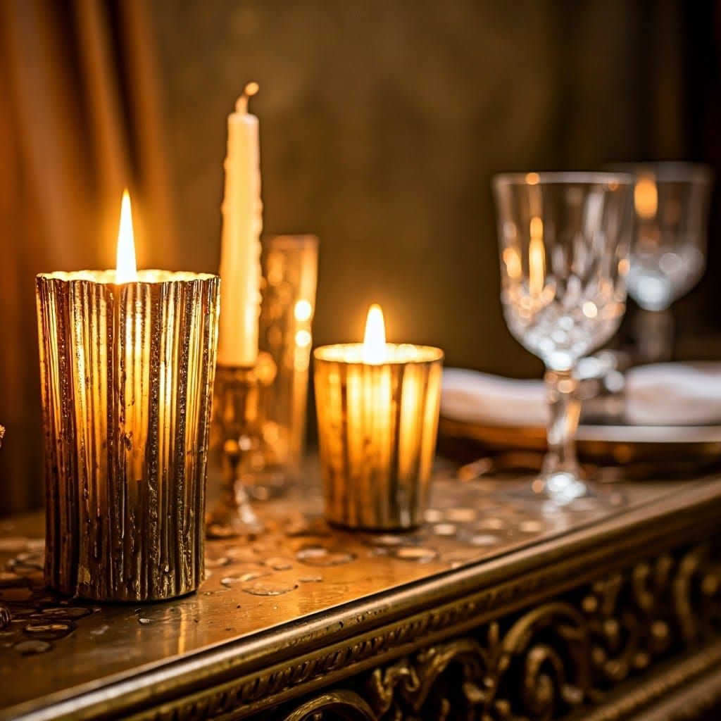 Stunning Shabbat Candles on Ornate Gilded Shelf