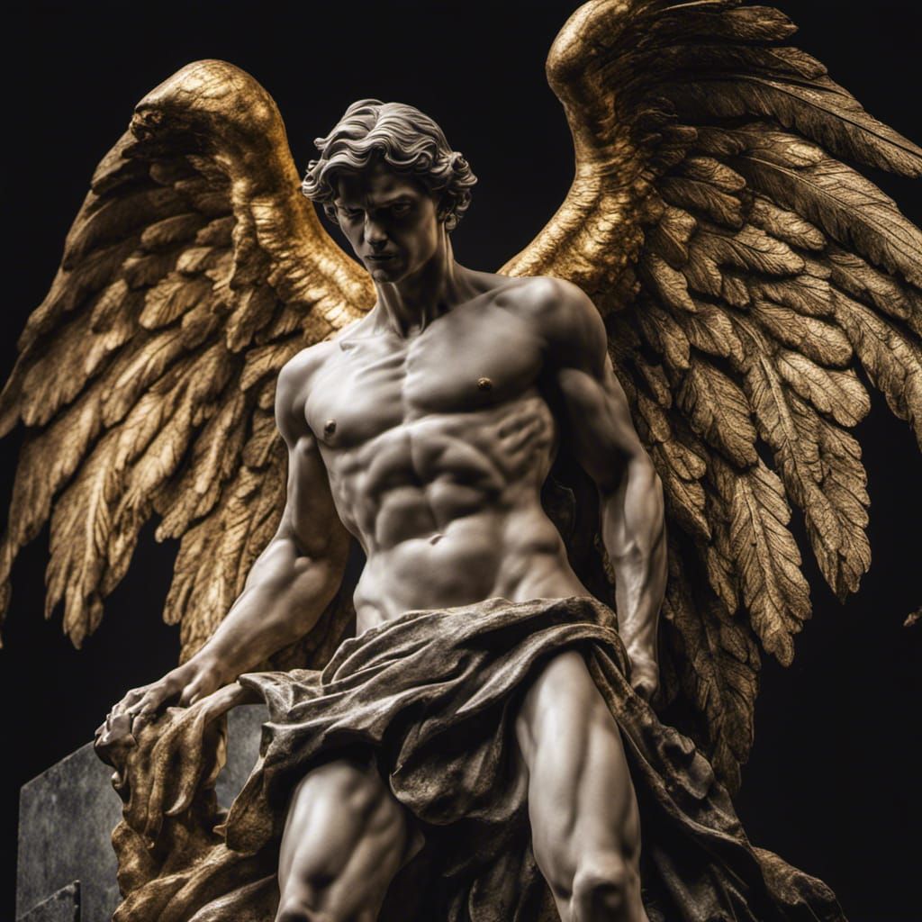 Hyperrealistic Angel Sculpture with Golden Wings