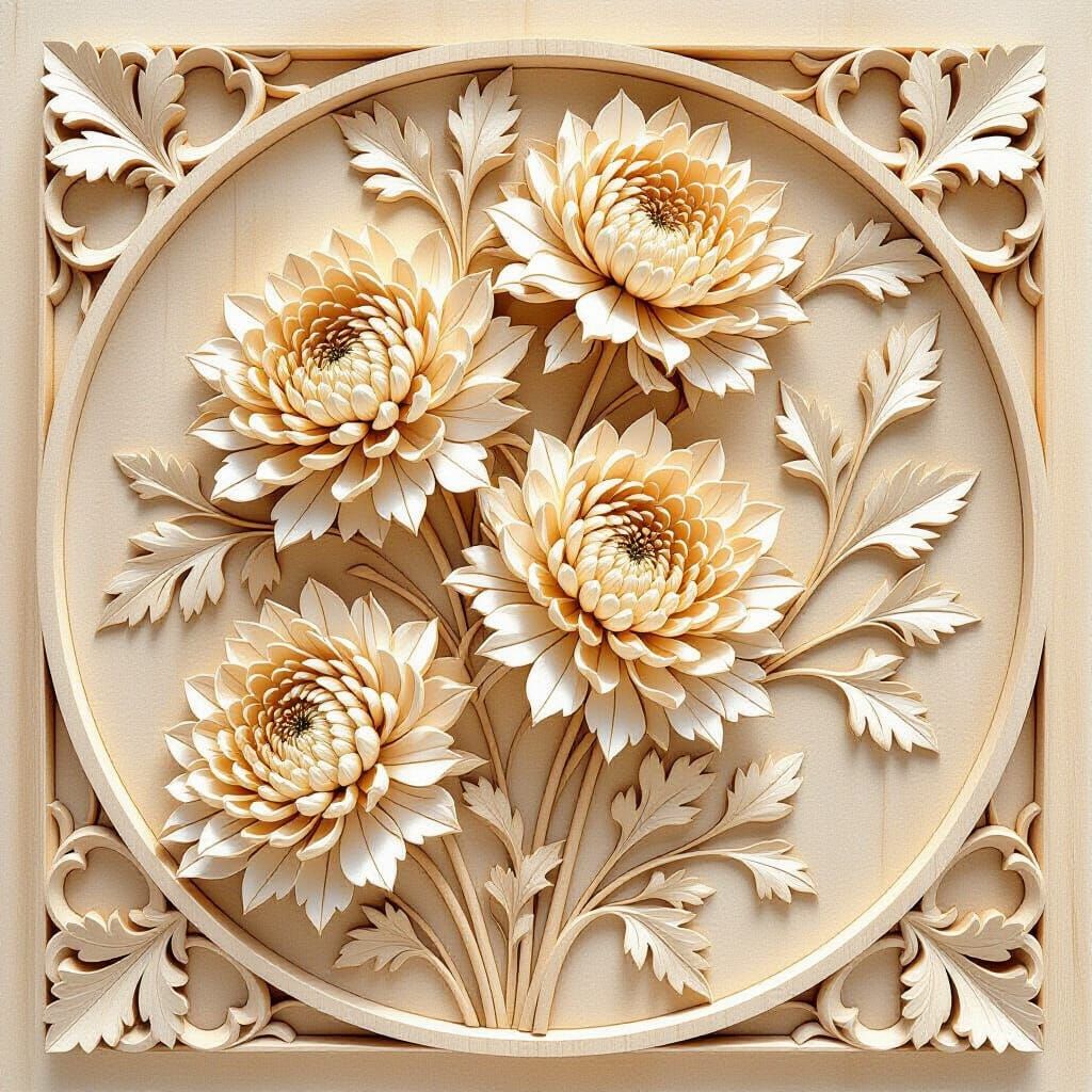 Detailed Chrysanthemum Bas Relief Wood Carving