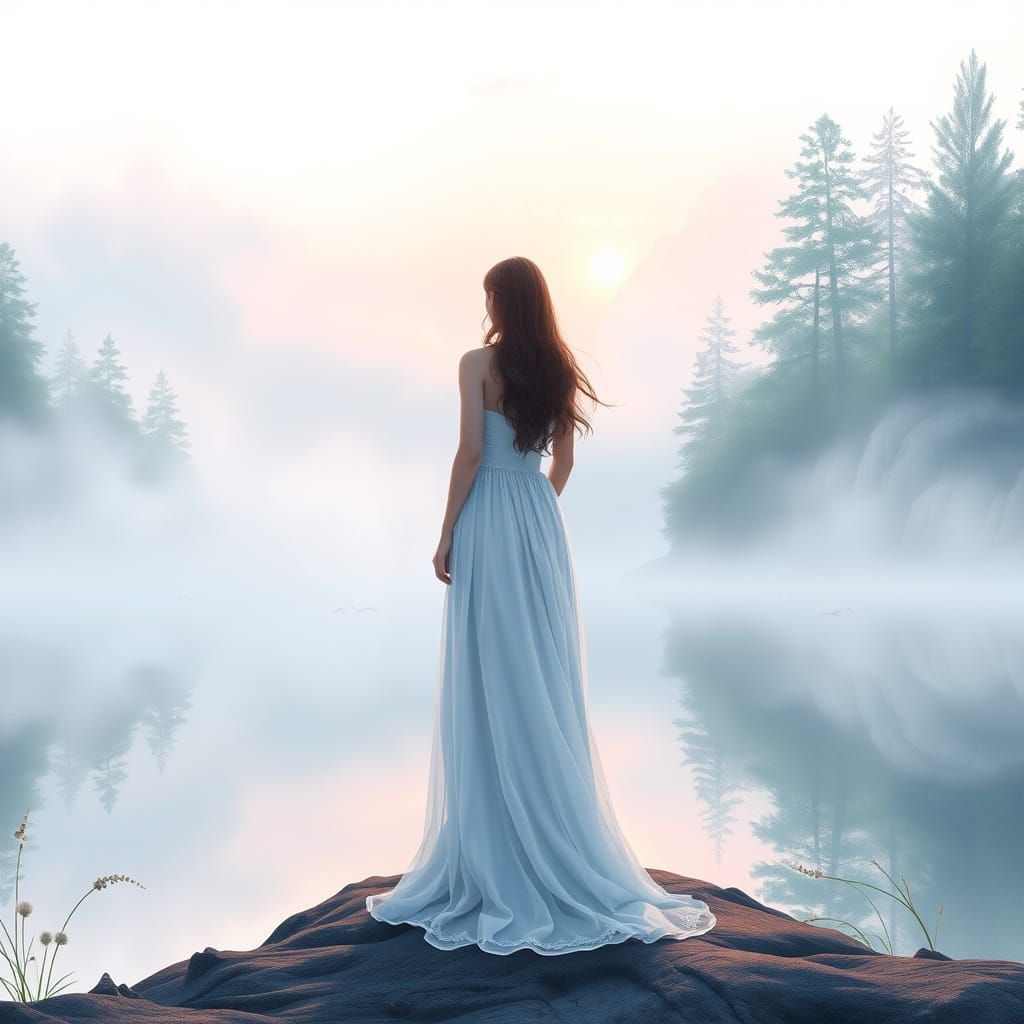 Ethereal Woman at Dawn: Watercolor Fantasy Art