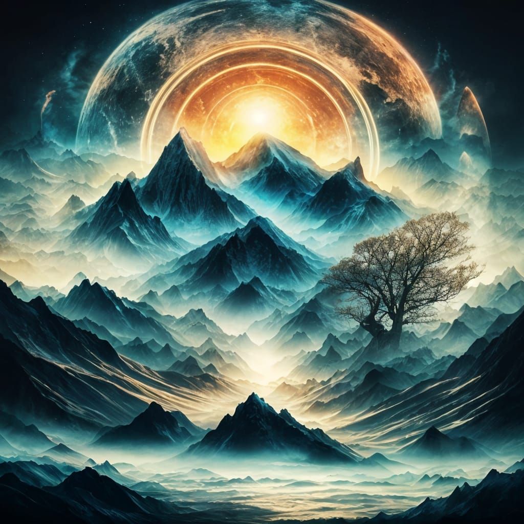 Surreal Mountainscape Merged with Deep Space