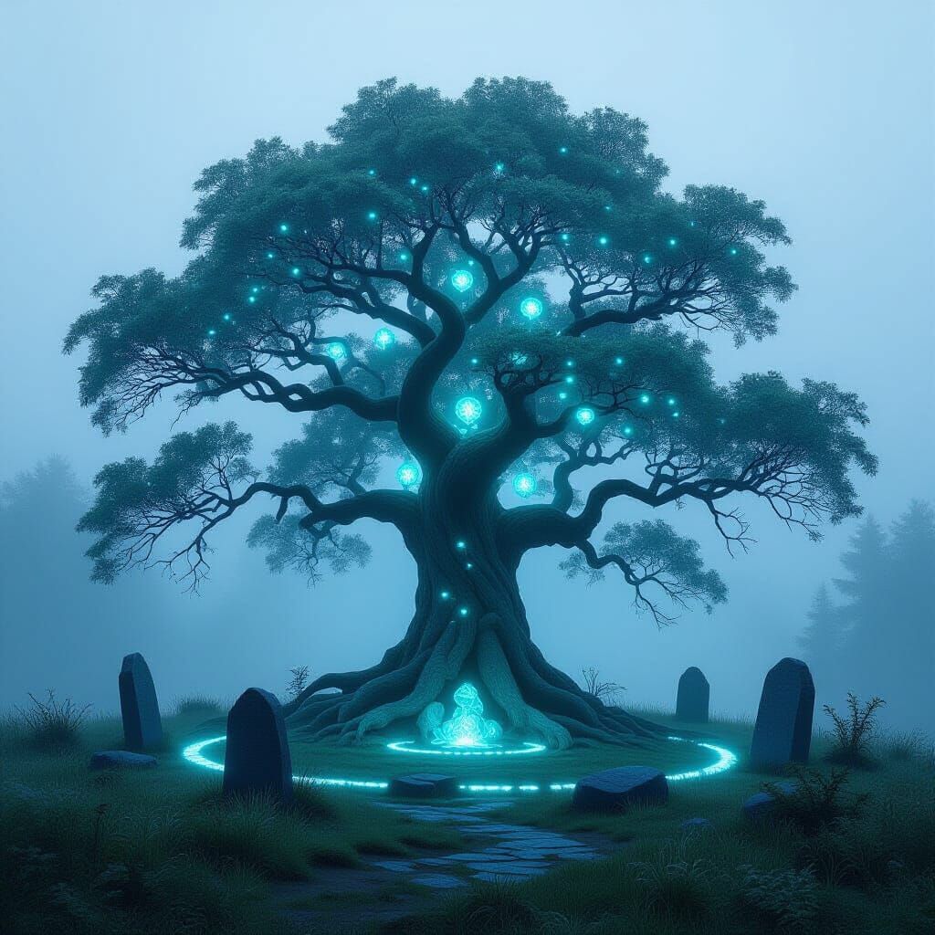 Bioluminescent Tree Over Stone Circle, Fantasy Art