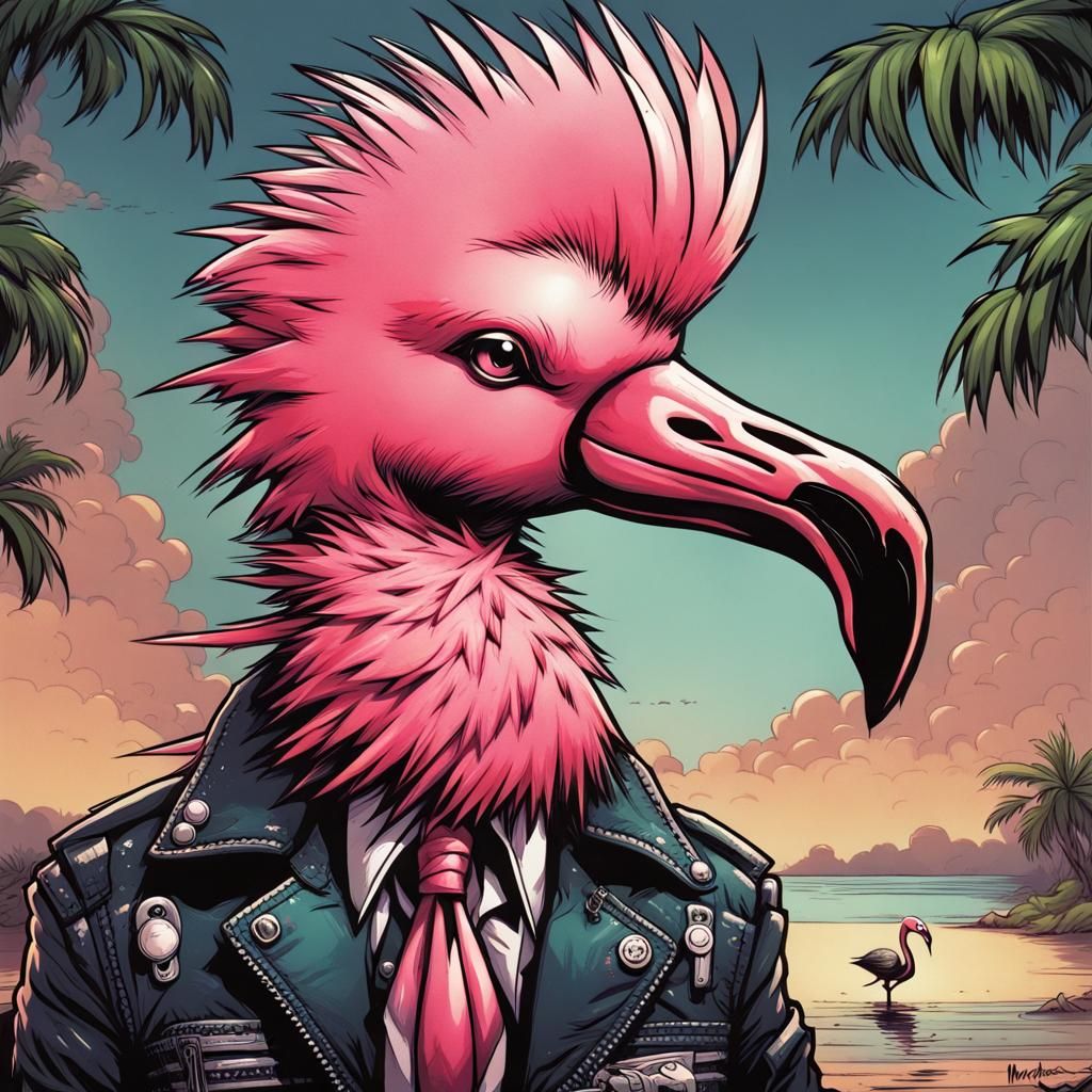 Punk Rock Flamingo with Mohawk in Chibi Style
