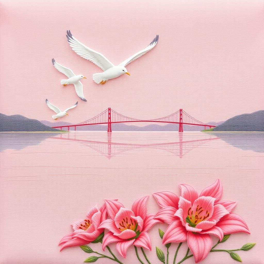 Golden Gate Bridge in Serene Pastel Embroidery