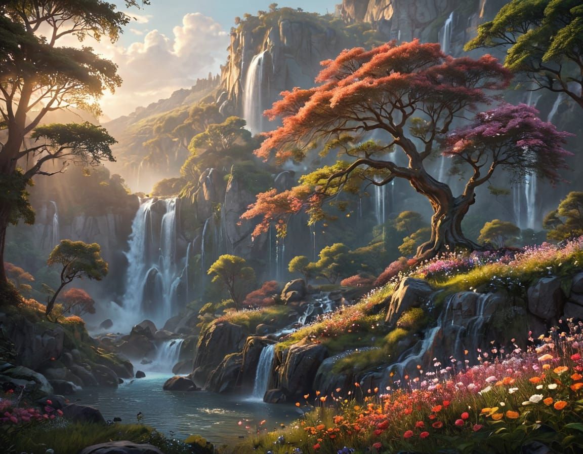 Ethereal Lake Scene with Shimmering Waterfall and Vibrant Fl...