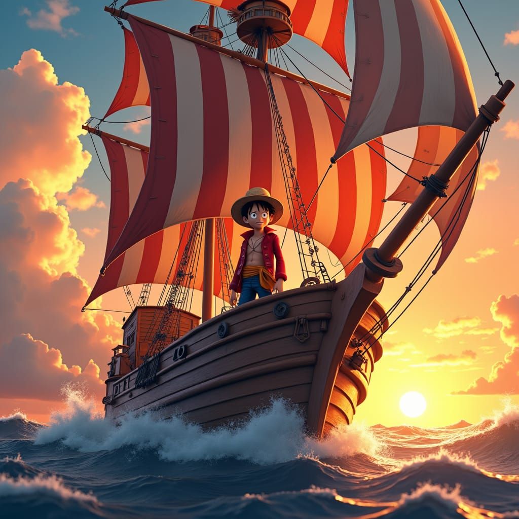 Luffy on Pirate Ship at Sunset, Fantasy Art