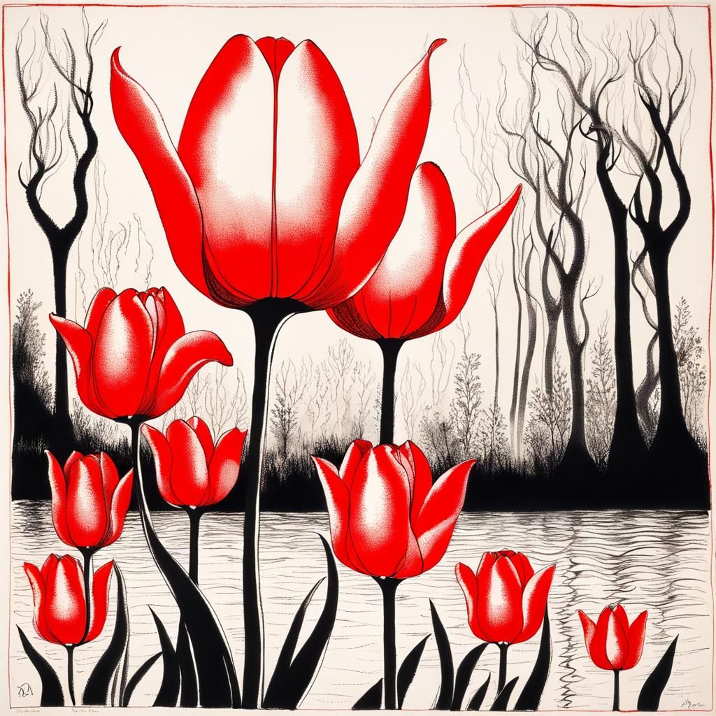 Red Tulips in Enchanted Forest: Ink Drawing