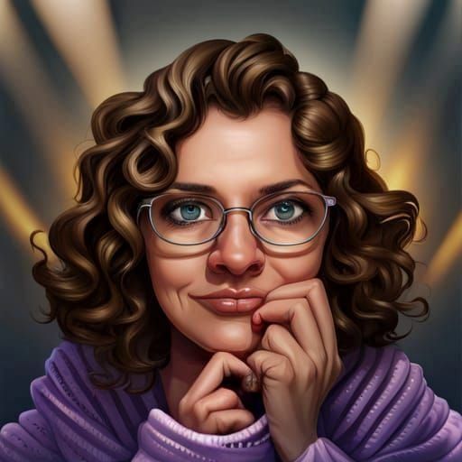 A lady with curly hair wearing glasses,
