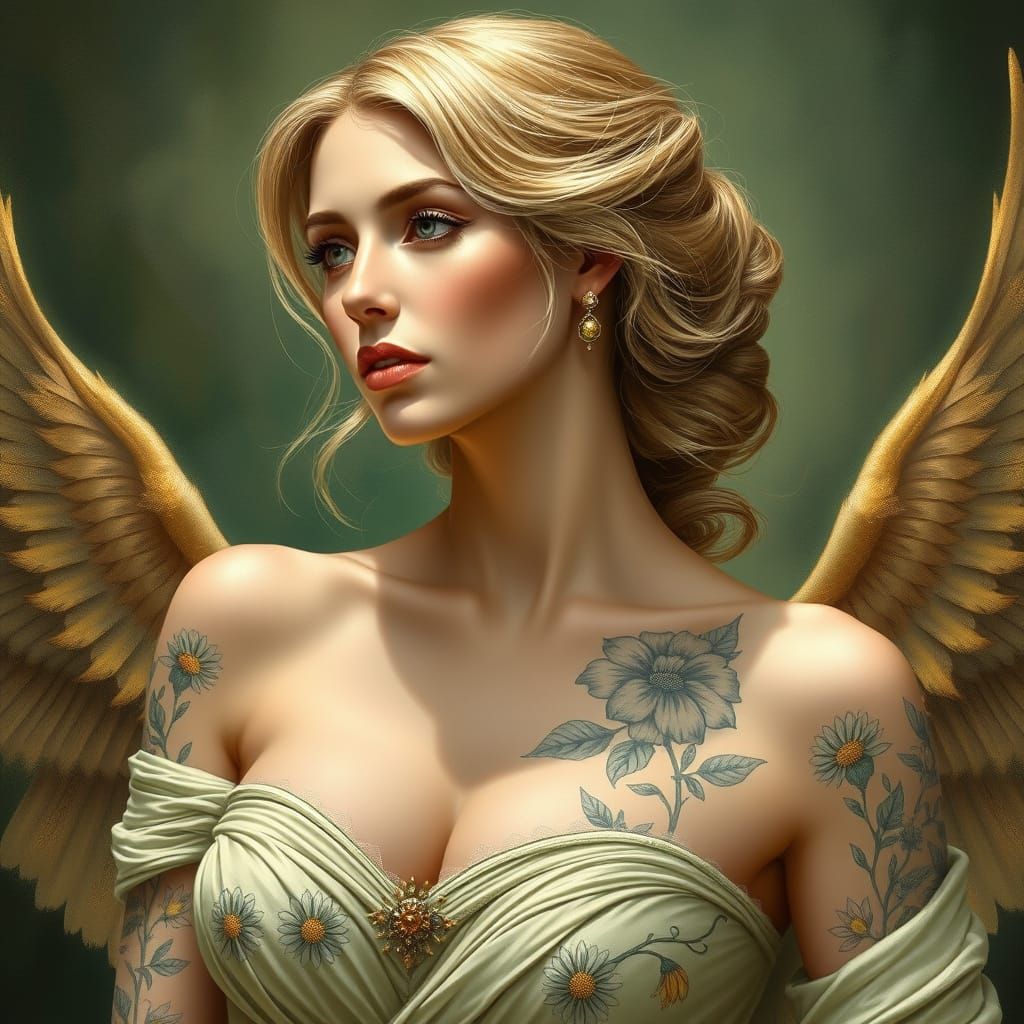 Goddess with Floral Tattoos in Opulent Style