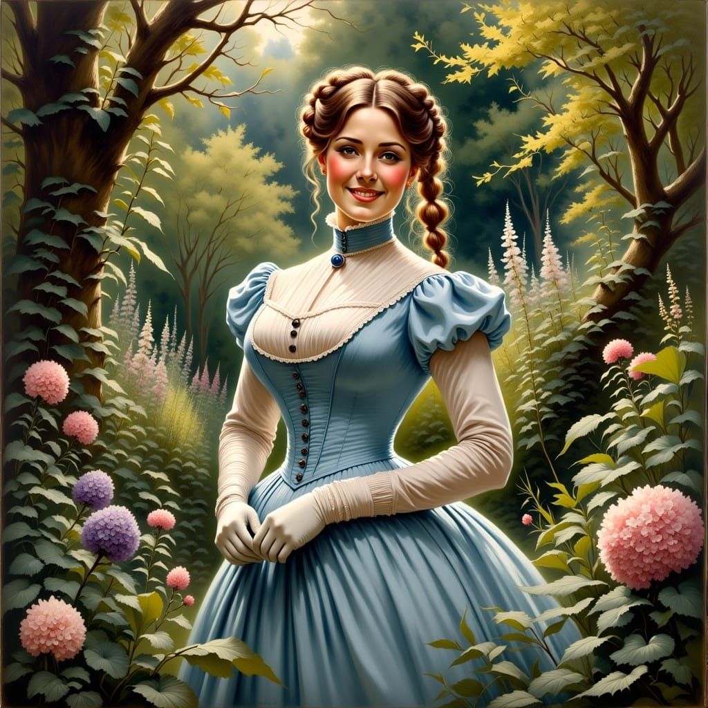 Victorian Lady Exploring Mystic Botanical Garden as Painting