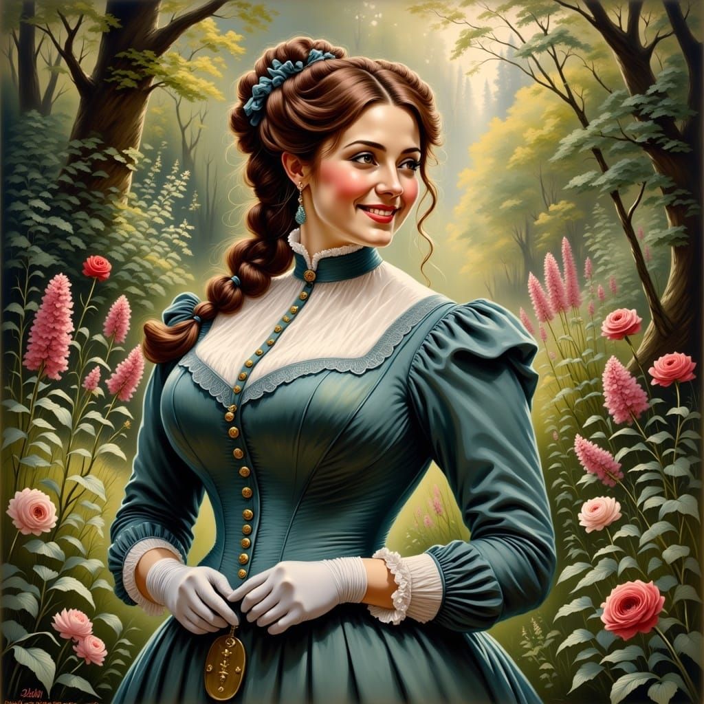 Gentle Victorian Lady in an Enchanted Botanical Garden