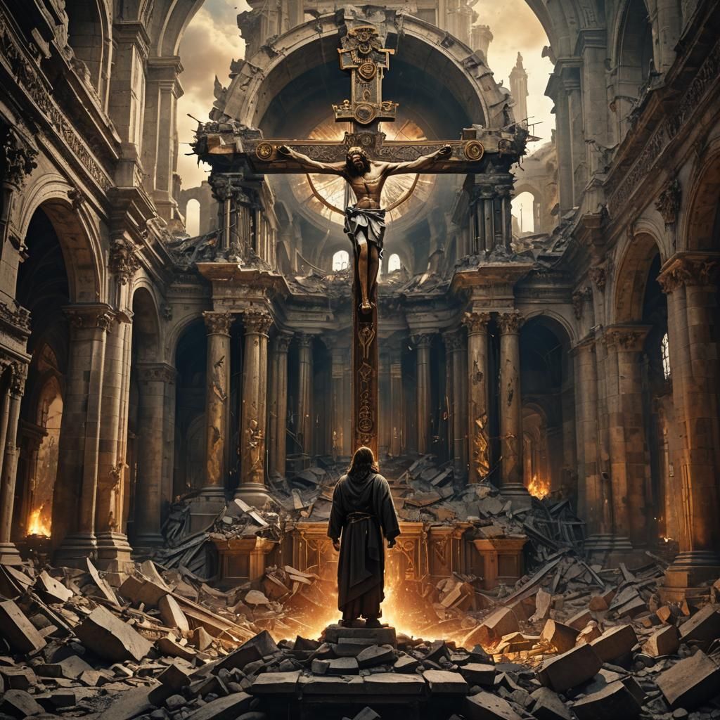 Jesus Christ in Ruined Cathedral, Baroque Digital Art