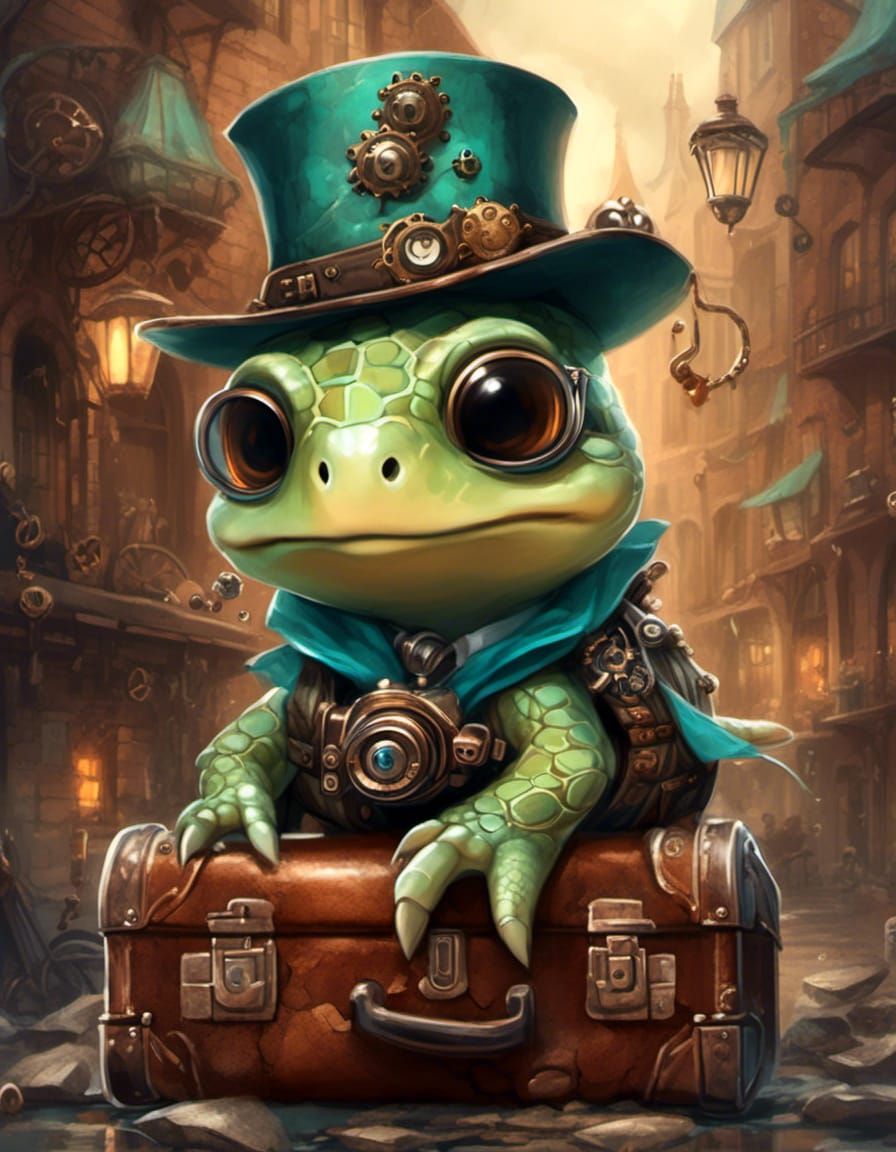 Steampunk Turtle in Whimsical Watercolor Scene