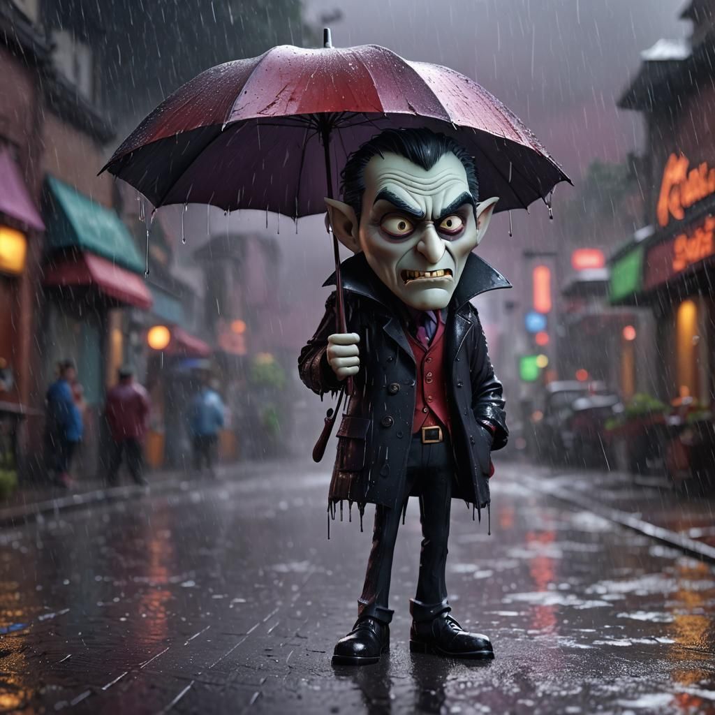 Grumpy Vampire in Rain: Pixar-Style 3D Art