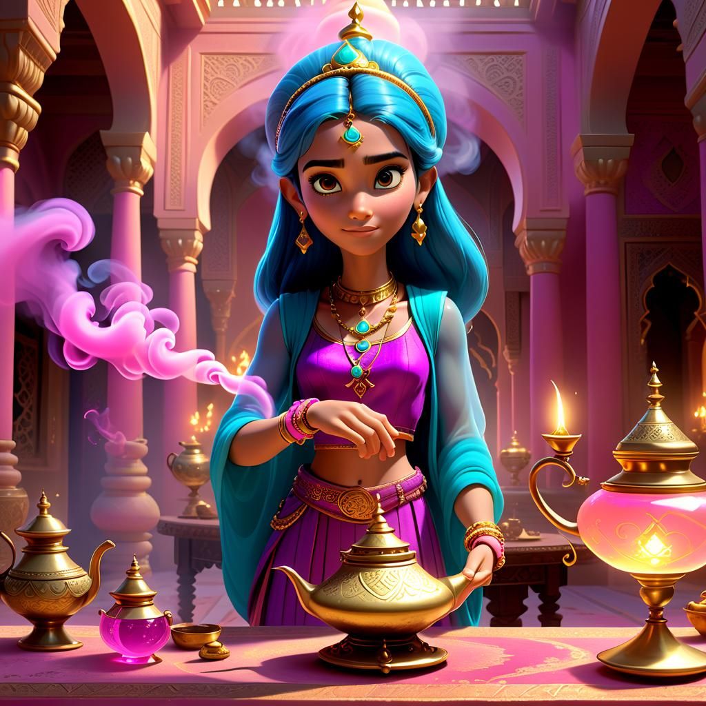 Young Genie in Palace Treasure Room, 3D Digital Art