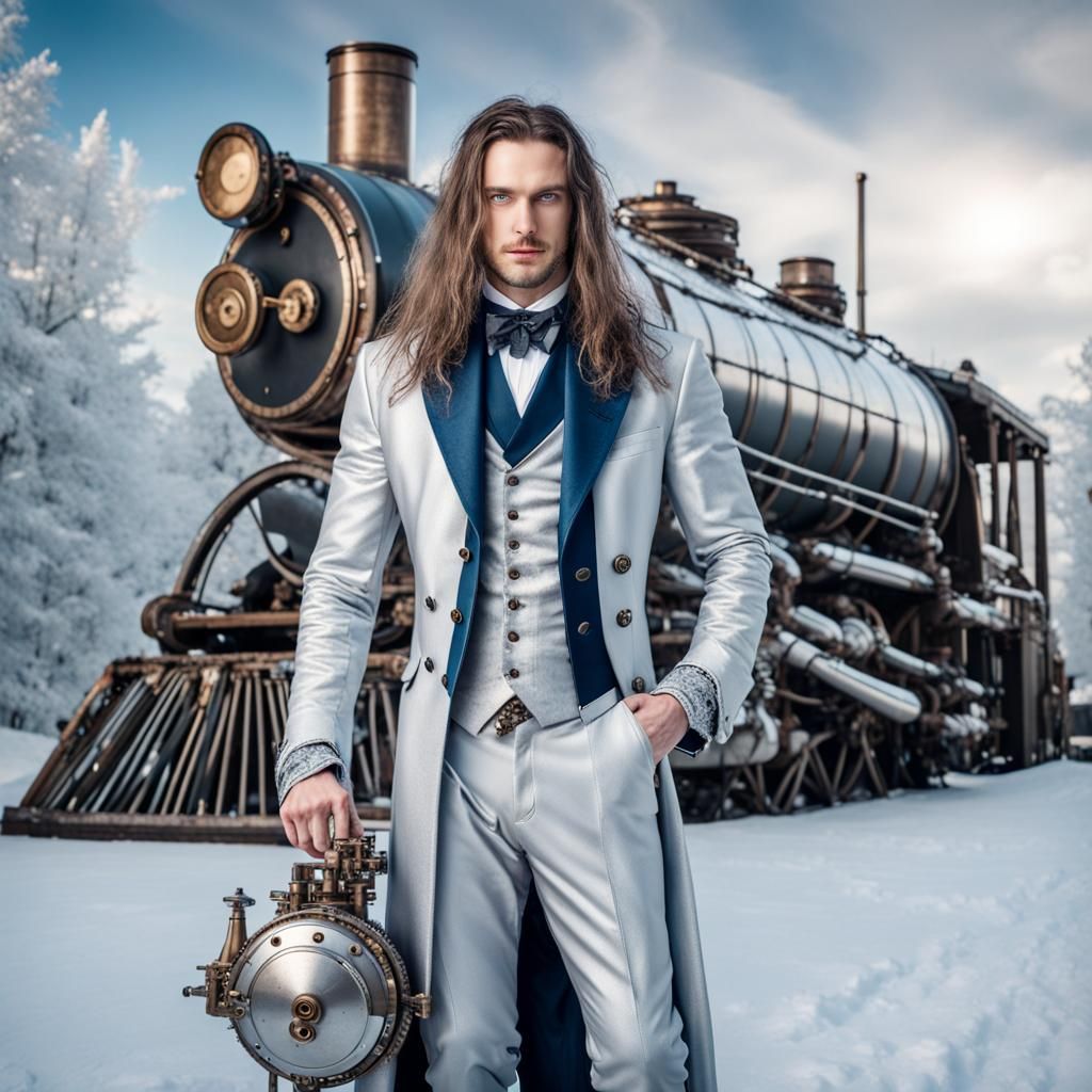 Man in Silver Suit in Winter Wonderland