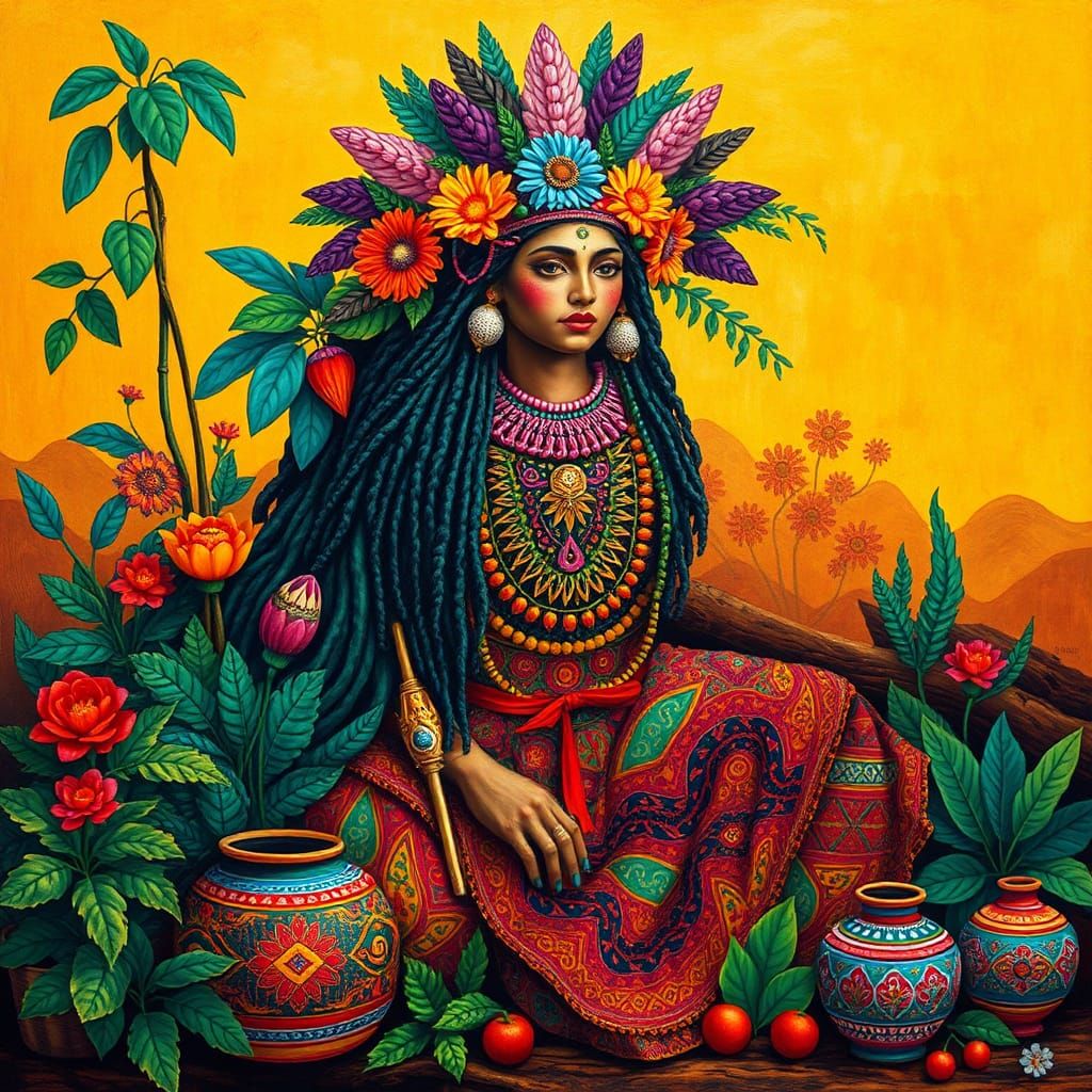 Andean Earth Mother Pachamama in Folk Art Style