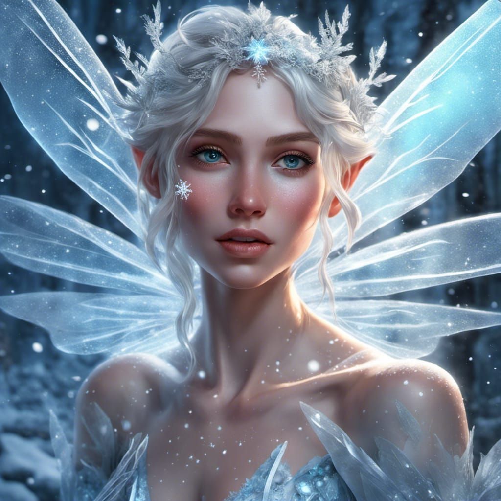 Ice Fairy Portrait with Frozen Wings, Detailed Fantasy Art