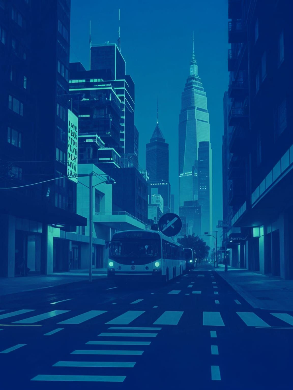 Surreal Blue-Green Metropolis with Complex Layering