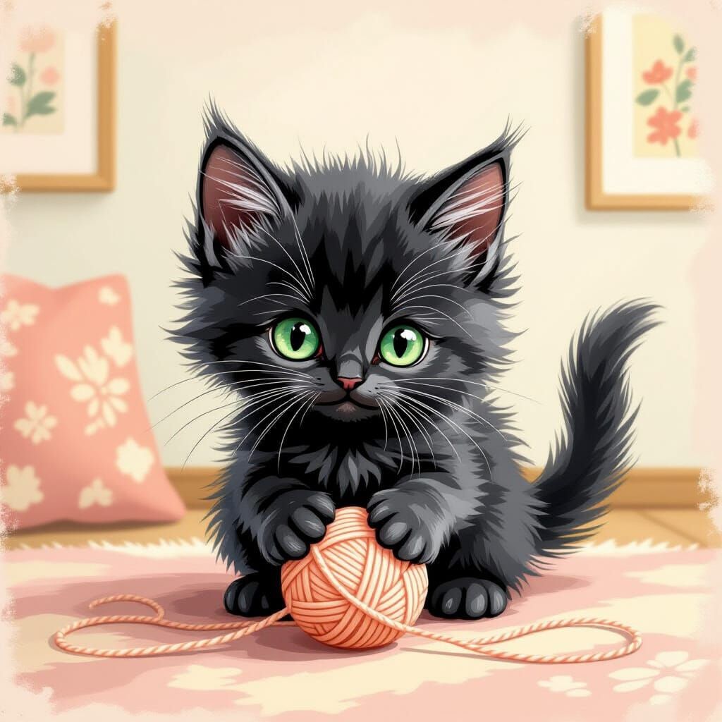 Curious Black Kitten Plays With Yarn in Pastel Room