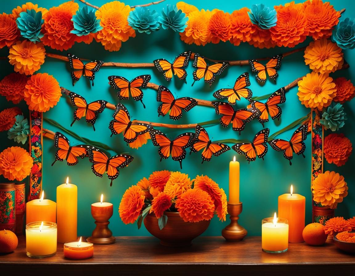 Colorful Day of the Dead Ofrenda with Butterflies