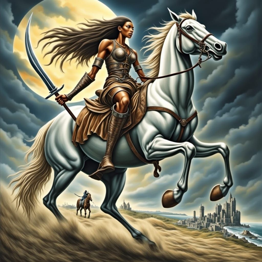 Triumphant Warrior Escapes Dragon on White Horse