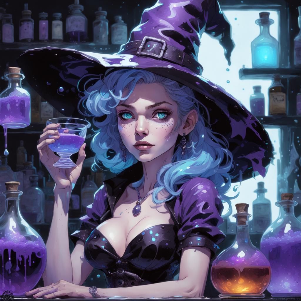 Witchy Potion Mixologist Pin-Up in Bioluminescent Glow