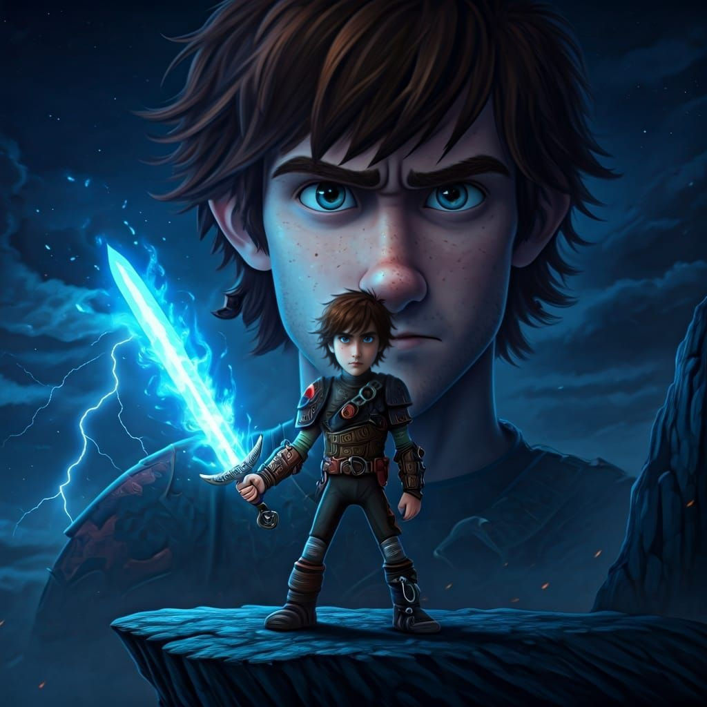 Heroic Figure with Fire Sword on Cliff at Night