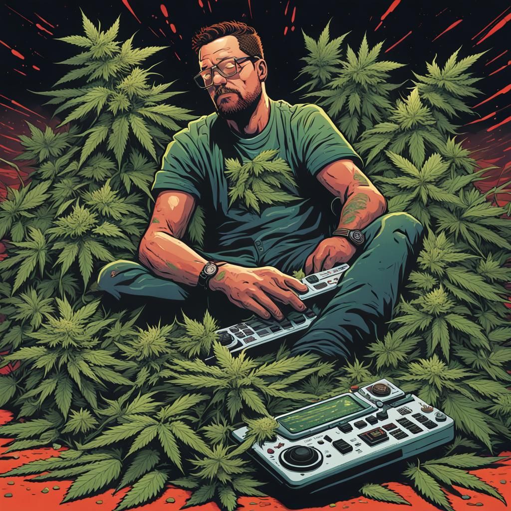 Man in Cannabis Pile: Comic Book Style Illustration
