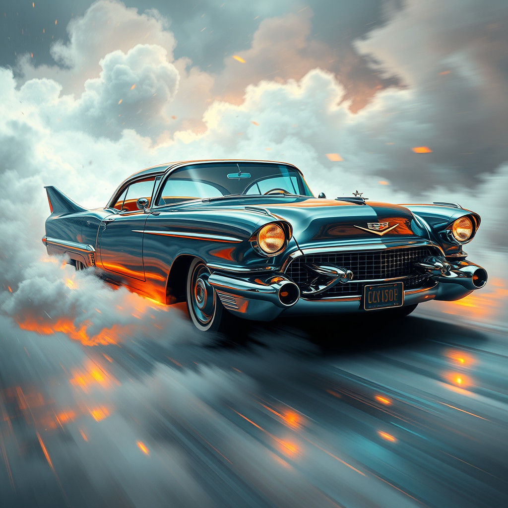 Jet-Powered Cadillac in Dreamlike Sci-Fi Landscape