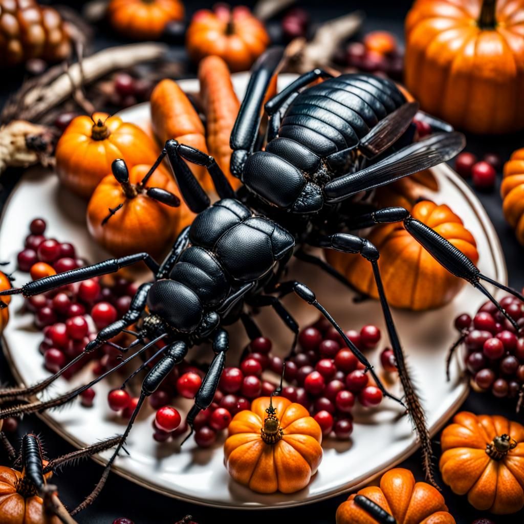Thanksgiving Feast with Insects in Sharp Focus