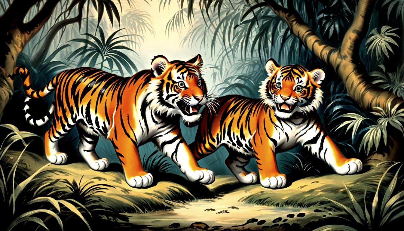 Playful Tiger Cubs in a Jungle Scene