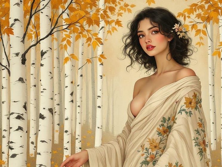 Art Nouveau Goddess in Golden Birch Forest