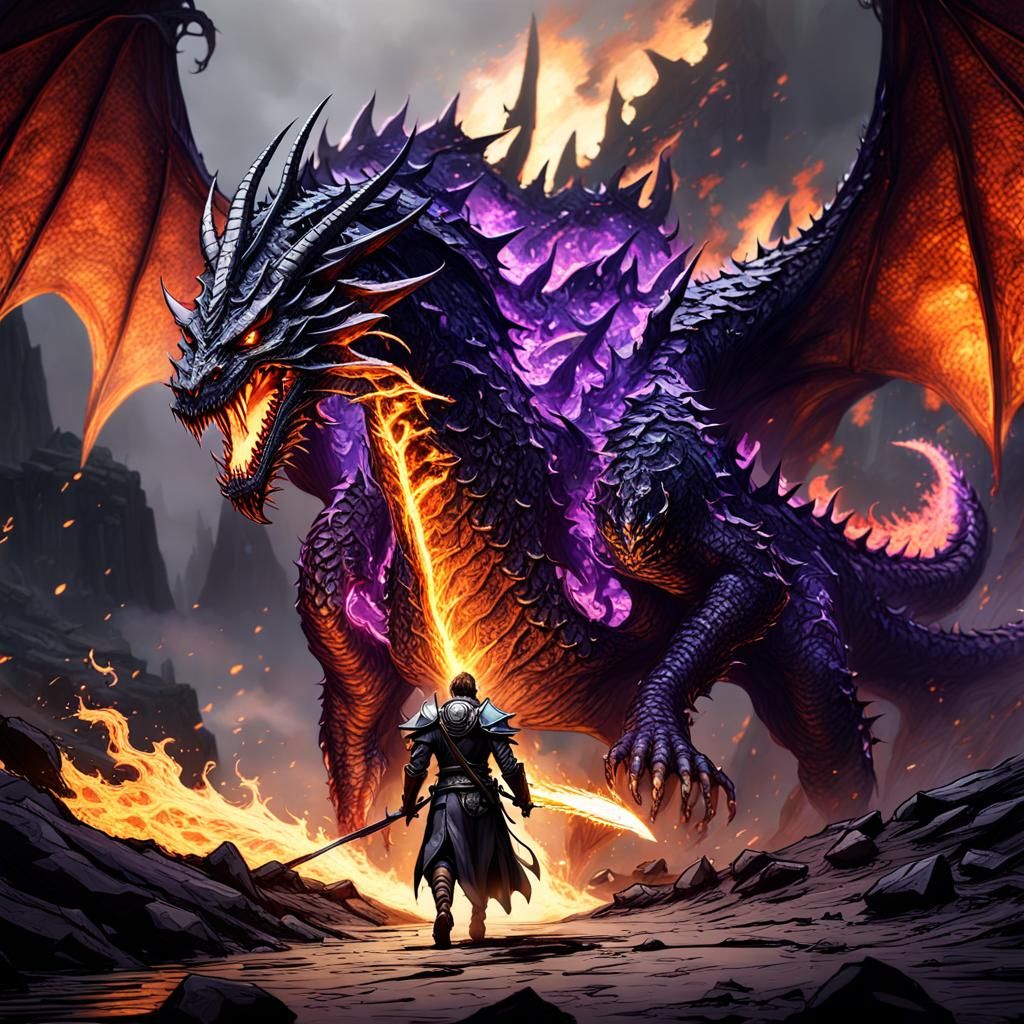 Brave Knight Walks Away From Dragon, Hyperdetailed Art