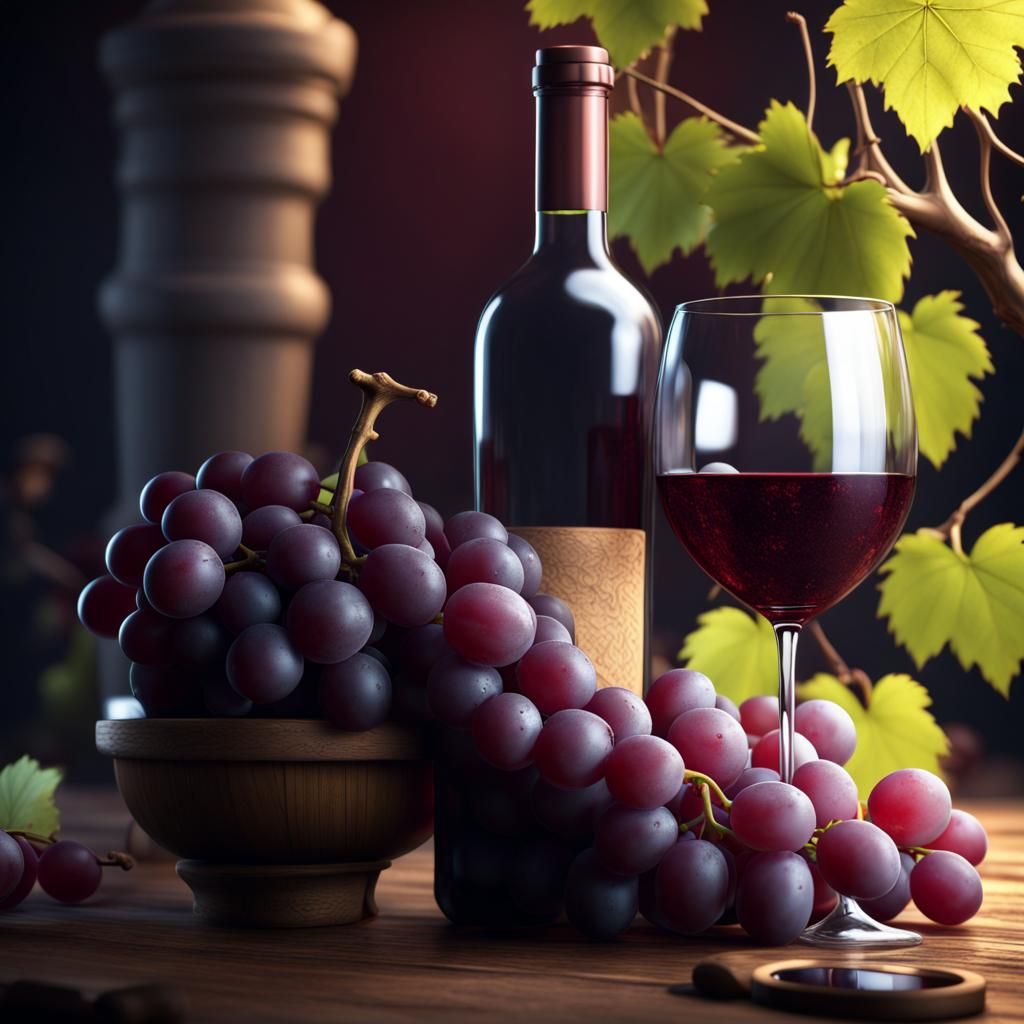 Grapes, Wine Glass and Bottle in Detailed Matte Painting