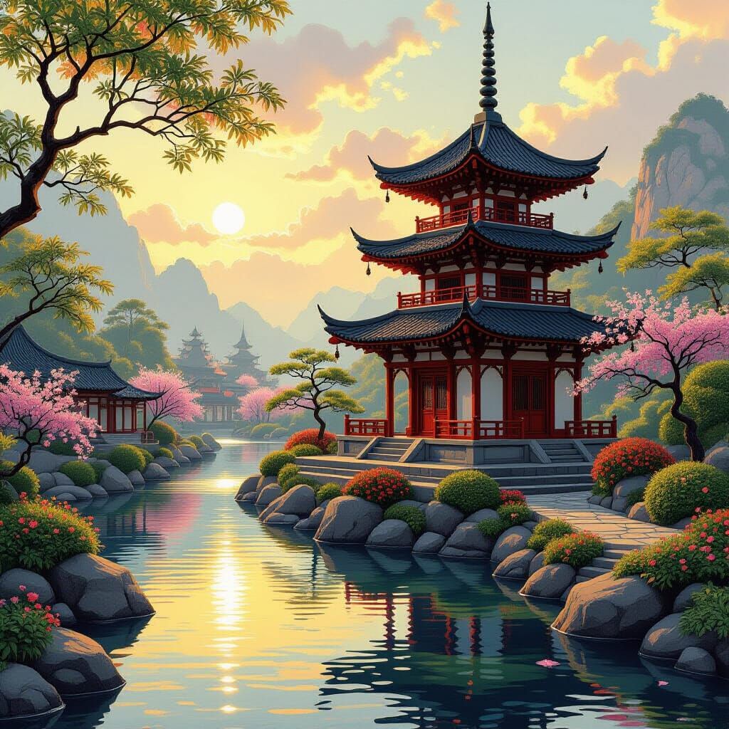 Pagoda at Sunset: Serene Asian Landscape Painting