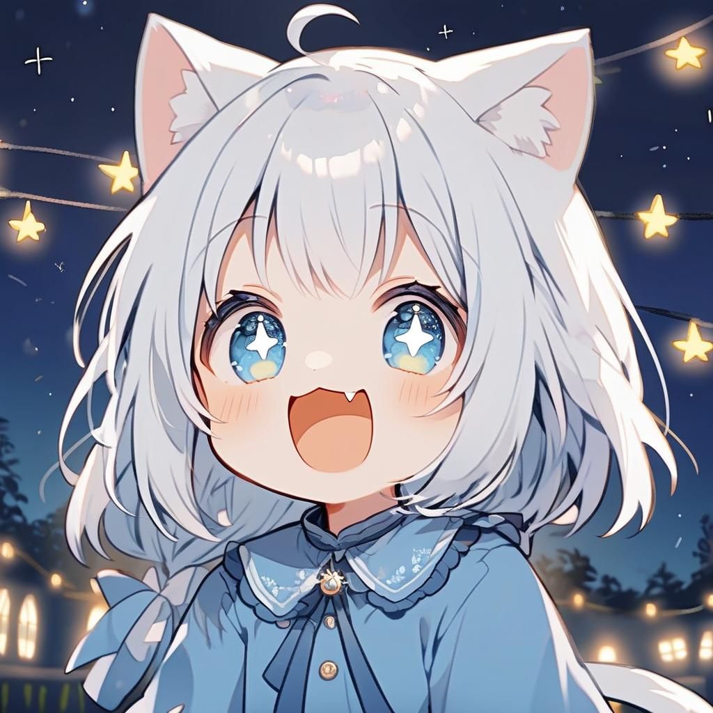 Cute Catgirl with Blue Eyes Under Starry Sky