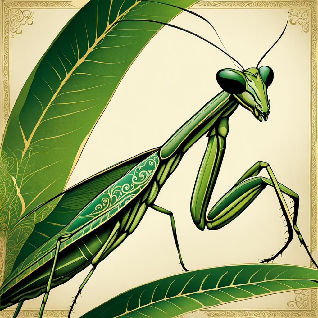 Praying Mantis Calligraphic Painting with Gilded Swirls