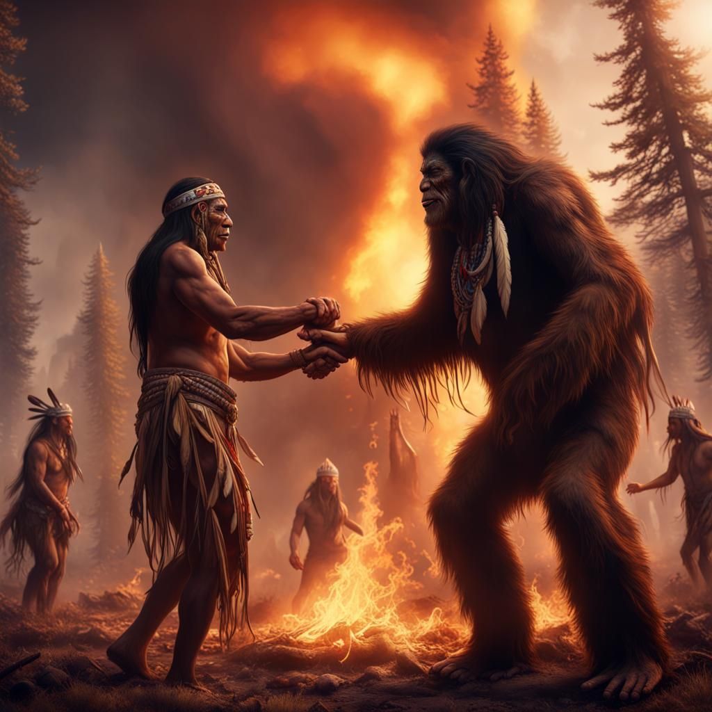 Native Americans and Bigfoot Dancing Around Fire