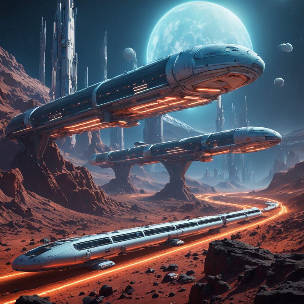 Futuristic Mars Landscape with Hyperloop and Space Station