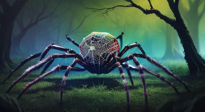 Hyperrealistic Spider Web Between Trees, Splash Art