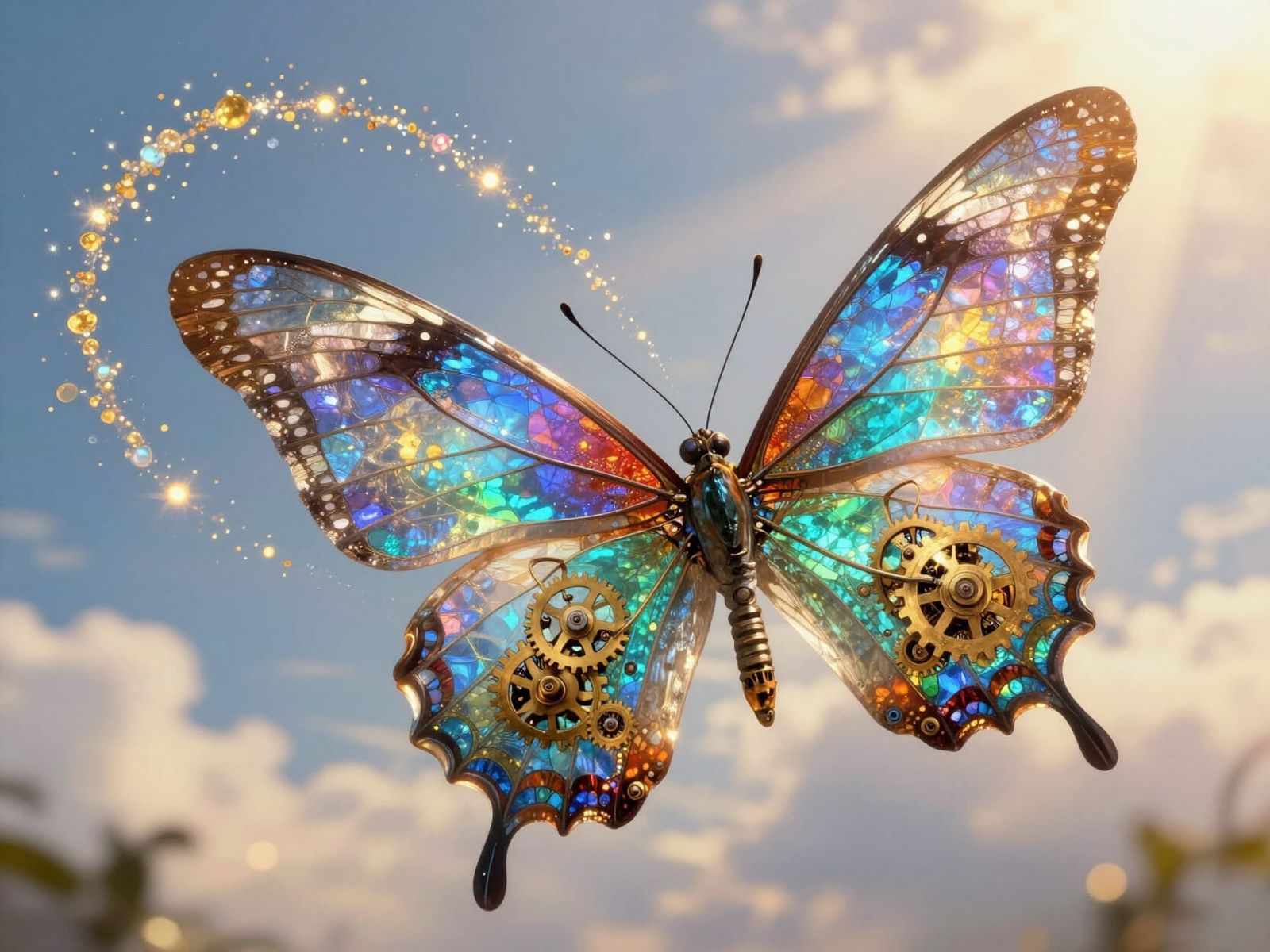 Giant Stained Glass Butterfly Soars in Sunlit Sky