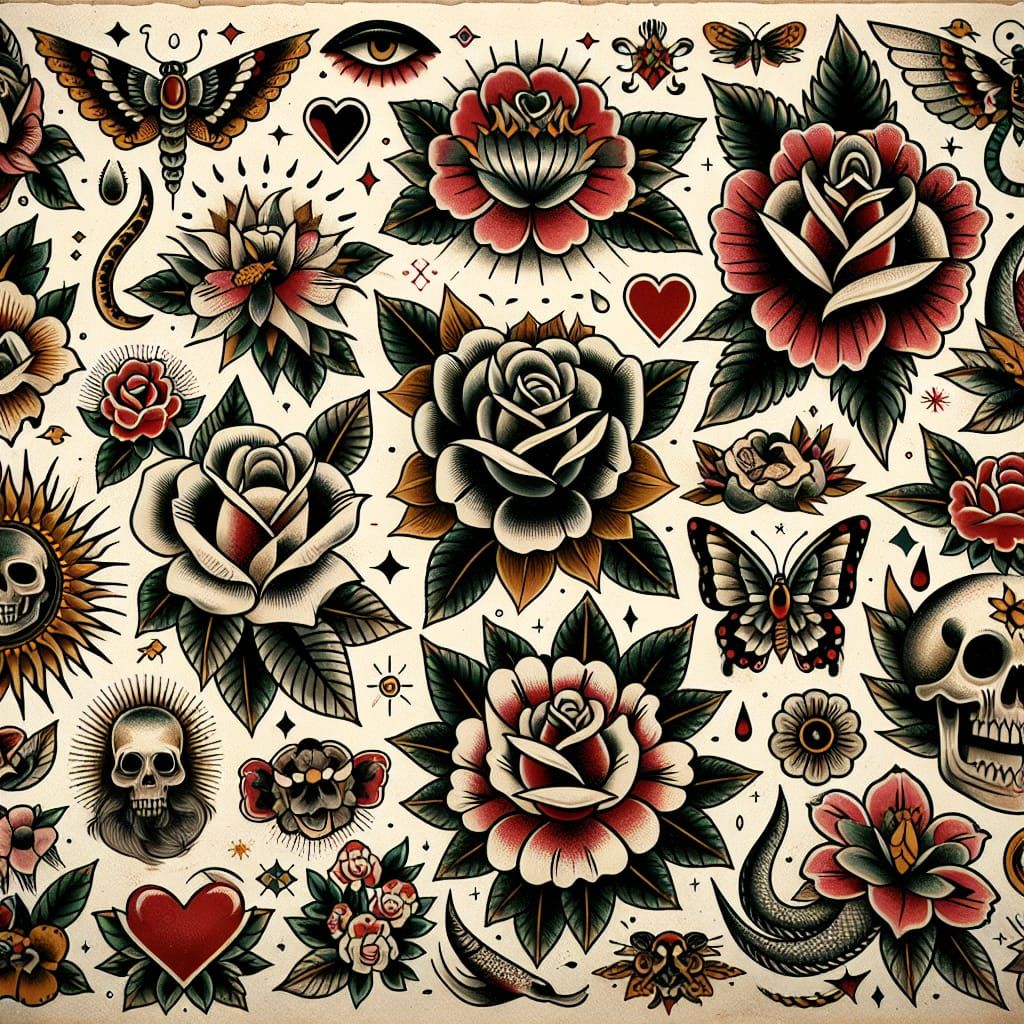 Vintage Floral Tattoo Flash Sheet in Neotraditional Style