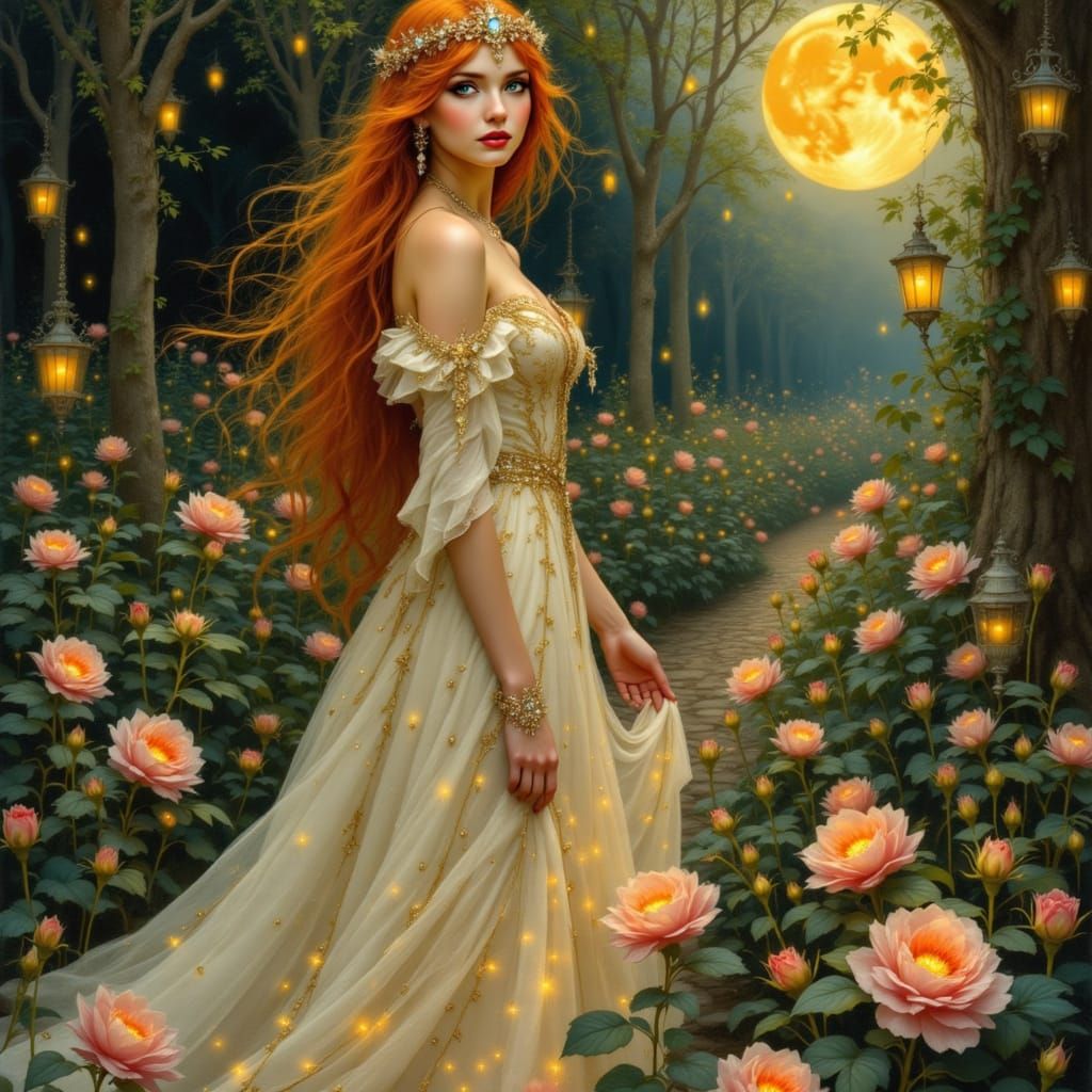 Elven Queen in Bioluminescent Rose Garden, Art Nouveau