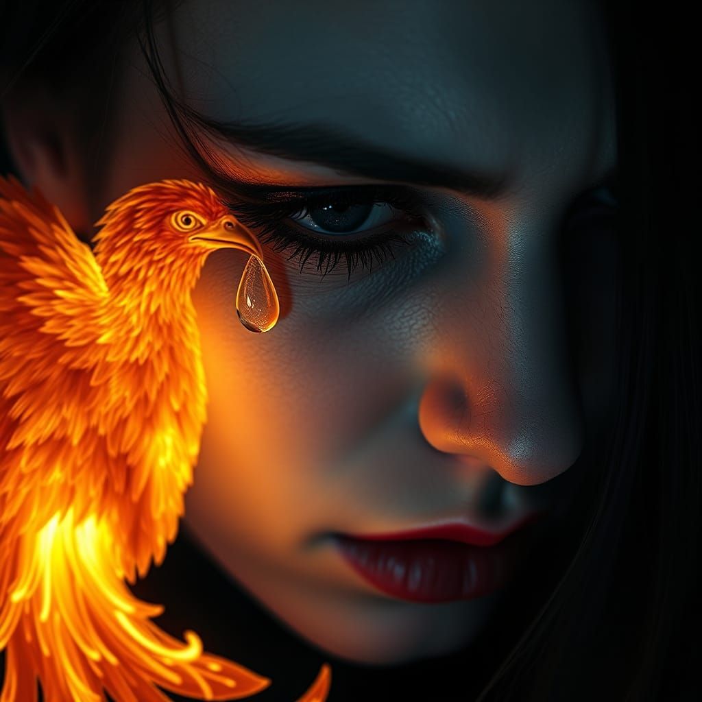 Goth Woman's Anguished Face with Phoenix, Digital Painting