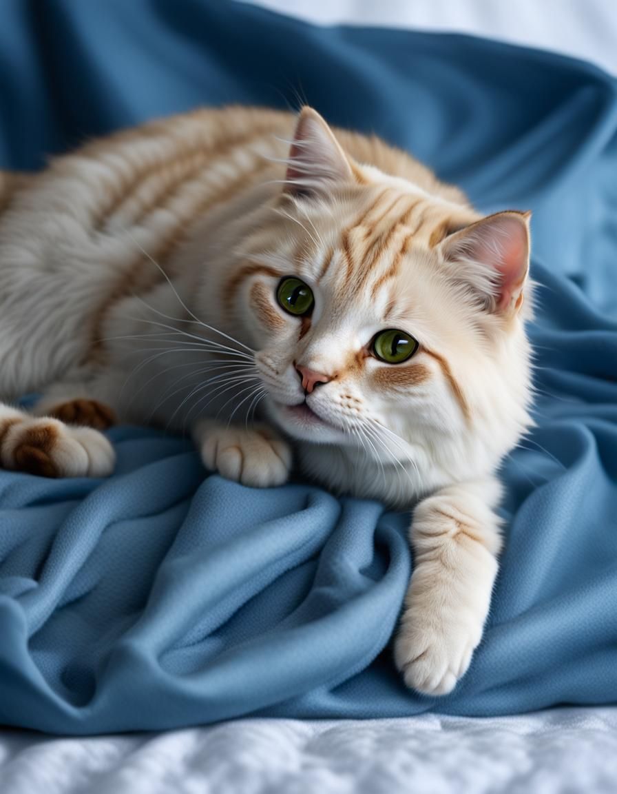 Cute Cat on Blue Bedding: Photorealistic Airbrush Art