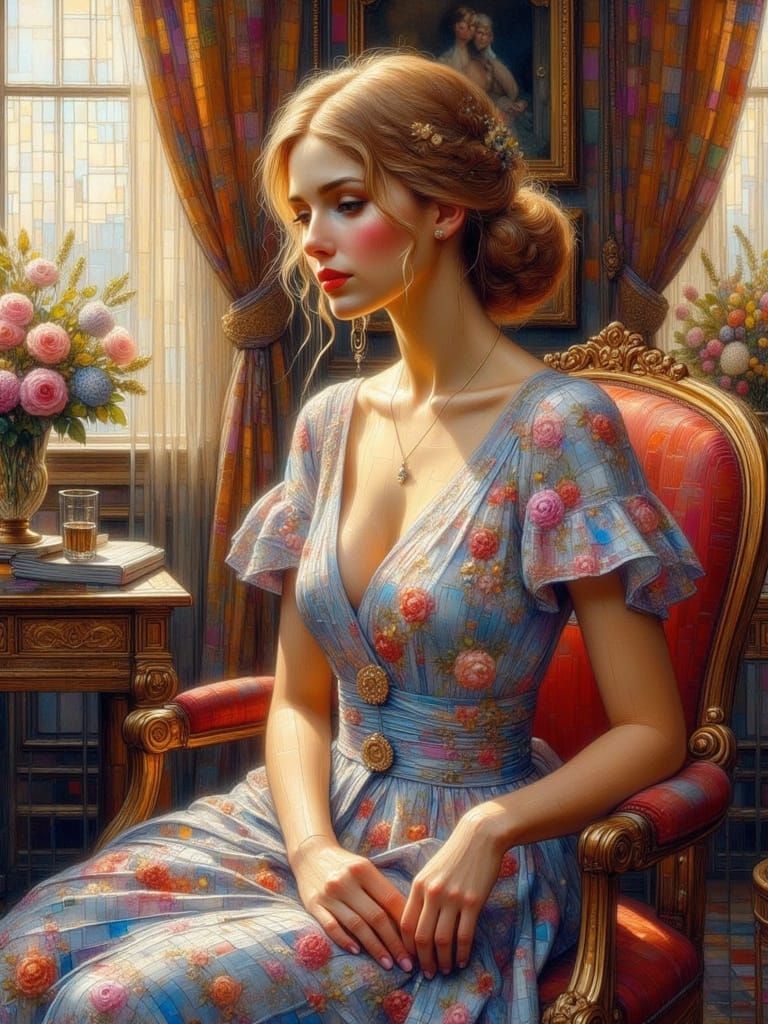 Parisian Woman in Flowered Dress, Oil Painting