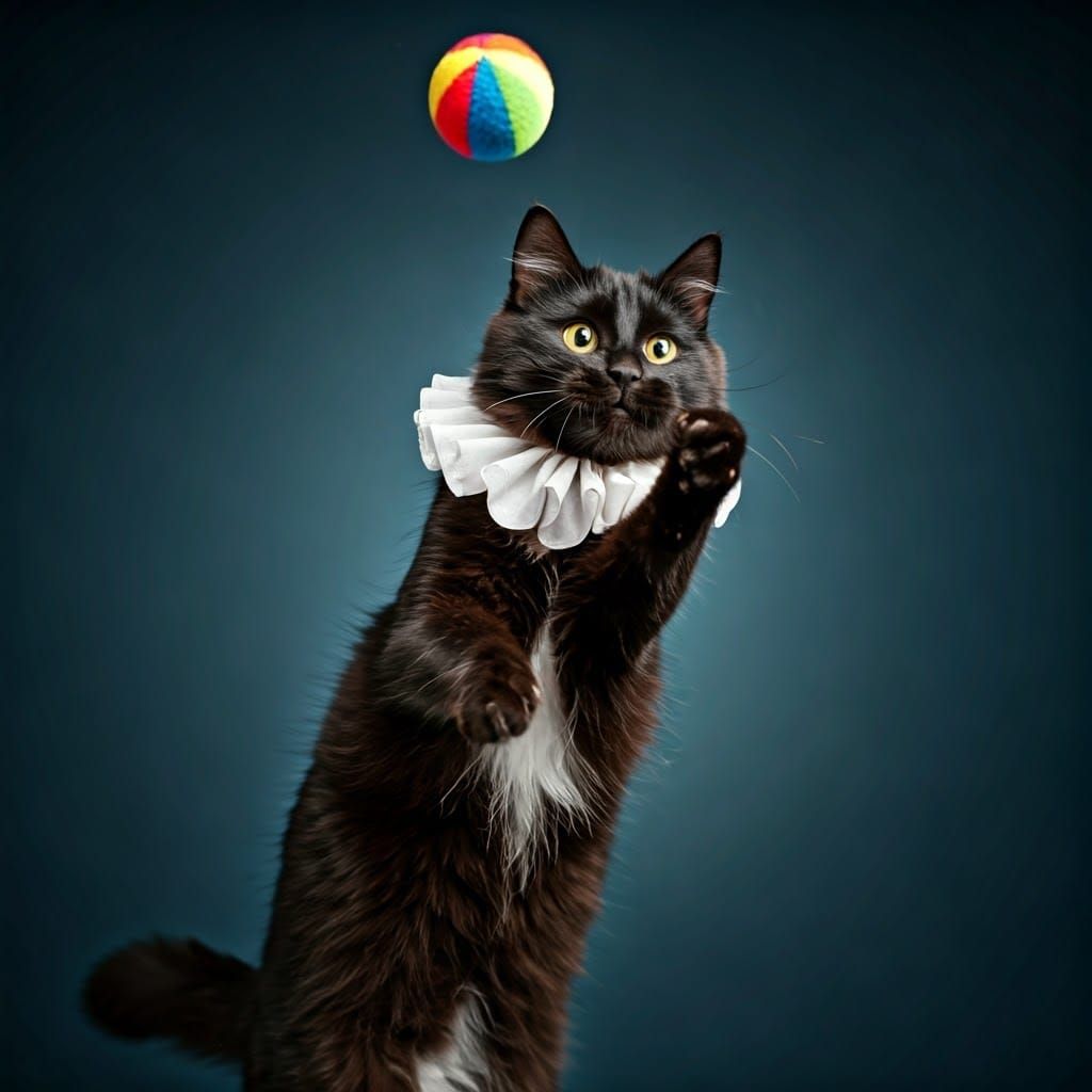 Happy Fluffy Black Cat in Jester's Collar Leaps for Colorful...